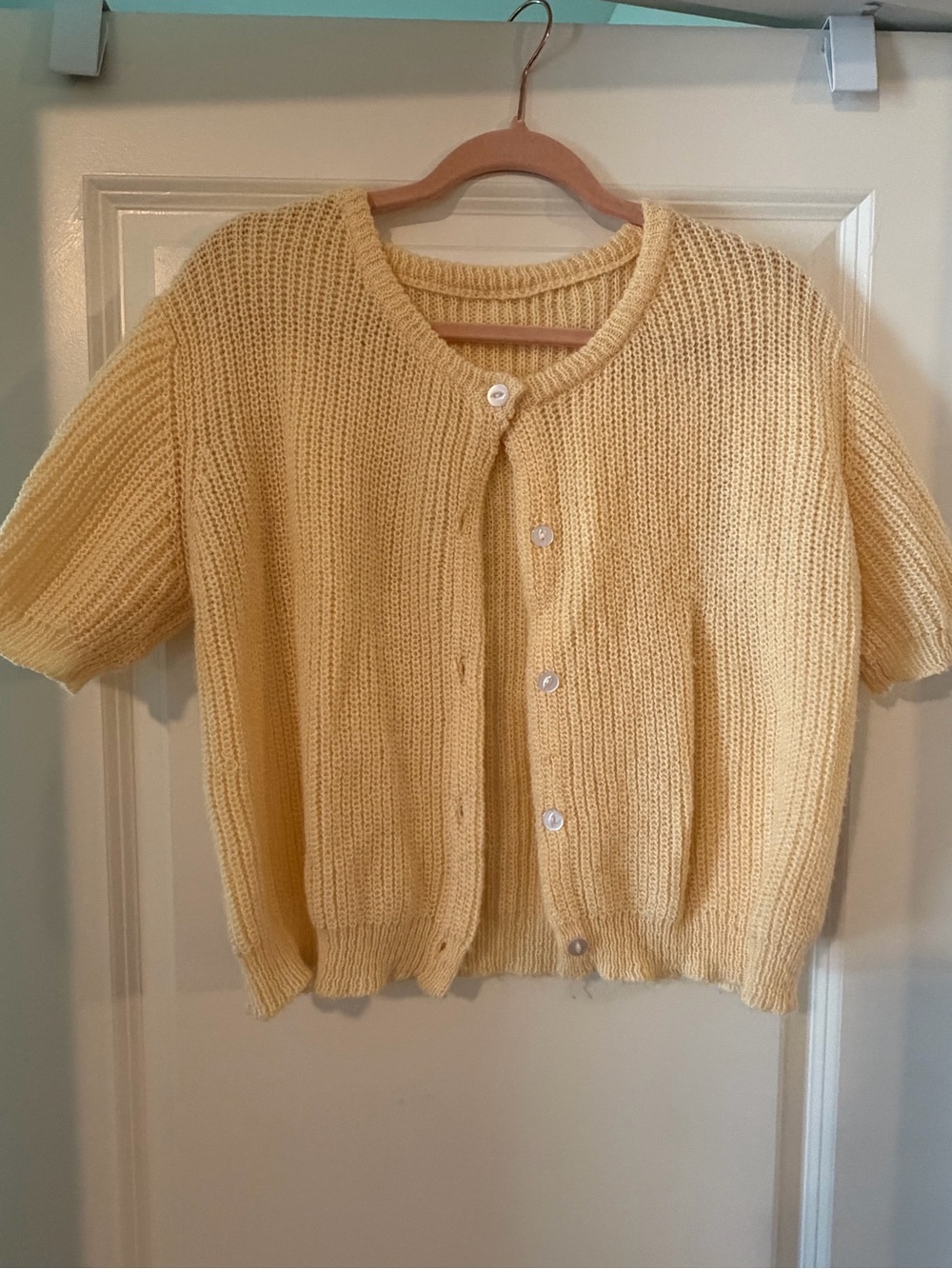 SHEIN Pale Yellow Short-Sleeve Knit Cardigan with Pearl Buttons